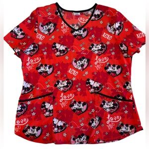 Disney Minnie & Mickey Mouse Red Valentine Love Print Scrub Top Women’s Large L